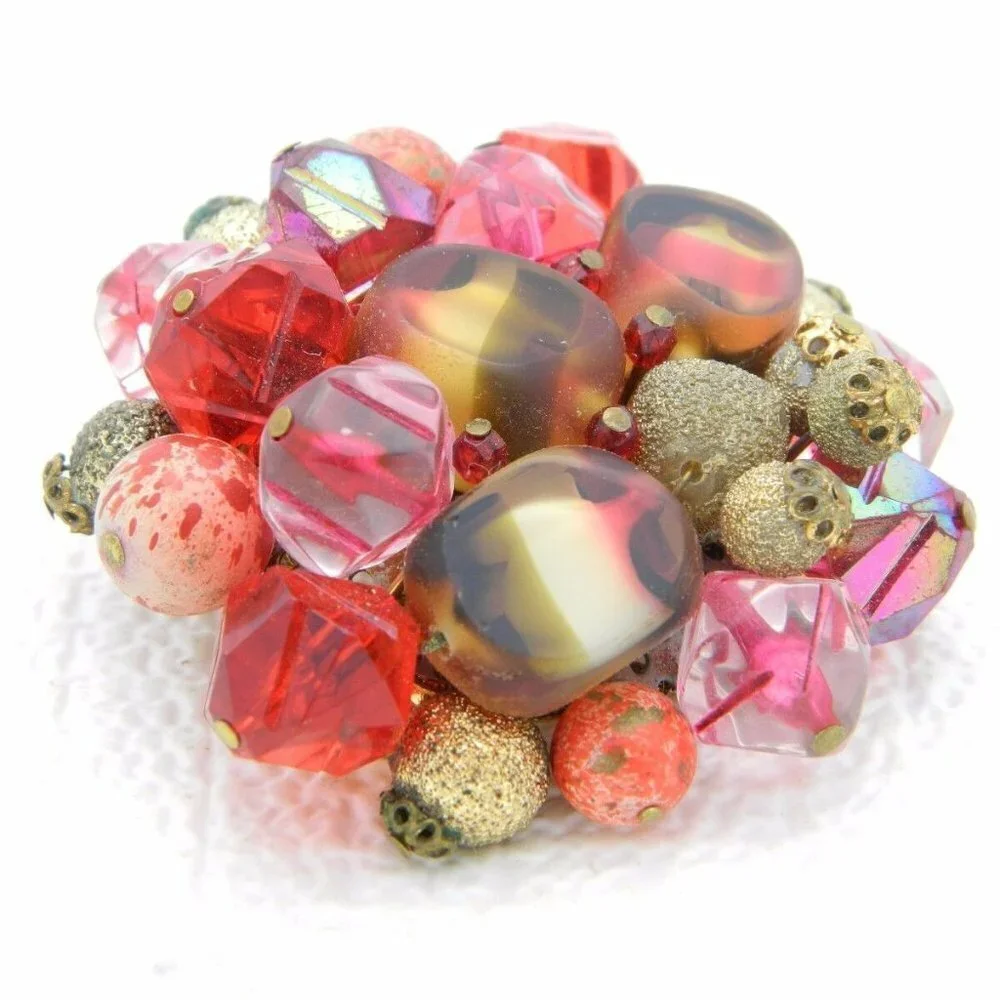 VTG WESTERN GERMANY Gold Tone Pink Red Glass Bead